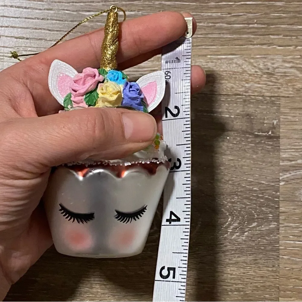White Unicorn Face CupCake sprinkle Christmas holiday Ornament Blown Glass 4.5”